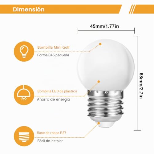 Bombilla LED E27 G45 de filamento 2700K, pack de 20 lámparas no regulables 6