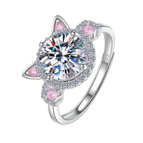 2 Carat Cat Solitaire Round Pink CZ 925 Sterling Silver Adjustable Finger Ring for Women Dainty Sparkly Diamond Animal Statement Band Rings Fashion Jewelry