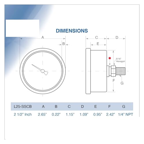 Manomètre de pression 0-15 psi avec boîtier en acier inoxydable 2,5 pouces - 2