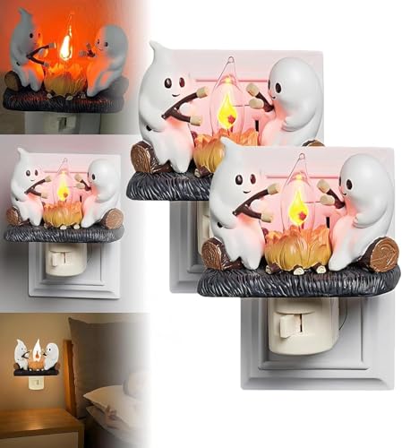 Image of Ghost Campfire Flickering Night Light, Ghosts Campfire Flicker Flame Halloween Nightlight, 3D LED Small Electric Faux Campfire Night Light, Spooky Fire Marshmallow Night Light Halloween Gifts (2)