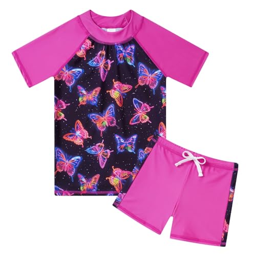 Image of Lovekider Girls Swimsuits Two Piece Rash Guard Set Short Sleeve Bathing Suit Liner Swimwear with Sun Protection 3-12T