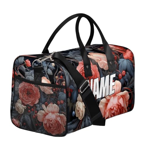 Personalized Retro Flower Travel Duffel Bag with Name, Custom Gym Sport Bags Green Leaves Carry On Weekend Overnight Duffel Bag for Men Women3