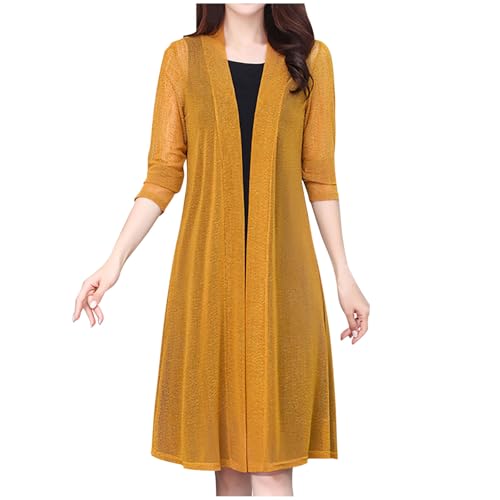 Women Mid Length Open Front Cardigan Lightweight Long Sleeve Sheer Duster Long Sun Shirt Beach Cover Up