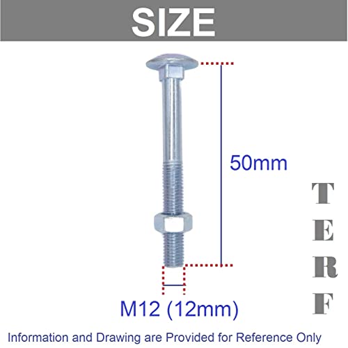TERF® M12 X 50mm Cup Square Carriage Bolt and Nut M12 (12mm) X 50mm Coach Bolts with Hexagon Nuts - Pack of 4 - Image 3