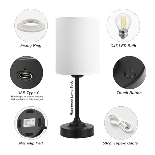 Image of Touch Control Cordlss Table Lamp, USB-C Rechargeable Lamp with Stepless Dimming, 4000mAh Battery Operated Bedside Lamp for Bedroom, Living Room, Night Light & Emergency Lighting, Black, 2 Pack