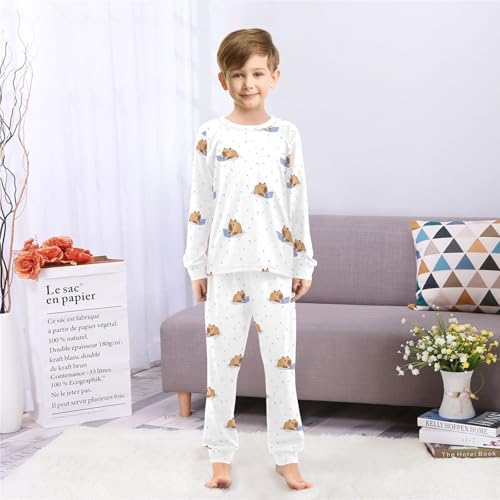 Pajama Set Long Sleeve for Boys & Girls,Capybara Laptop Blue Kid's Soft Sleepwear Crewneck Loungewear 2 Piece PJ Underwear Set 4T4
