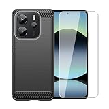 WDMYLFTW for Xiaomi Redmi Note 14 4G Case with HD Screen Protector, Upgraded Non-Slip Shock-Absorption Flexible TPU Carbon Fiber Bumper Soft Rubber Protective Phone Case Cover (Black)