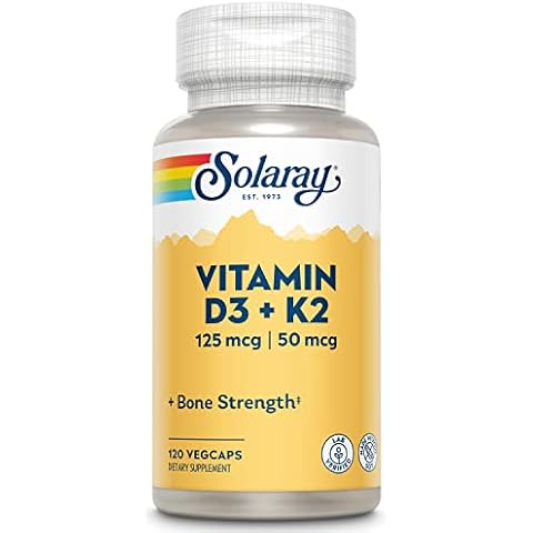 SOLARAY Vitamin D3 K2 - Bone Health and Immune Support Supplement - With 5000 IU Vitamin D as Vit D3 and 50 mcg Vitamin K2 as Menoquinone MK7, Made Without Soy, 60-Day Guarantee, 120 Serv, 120 VegCaps Cover