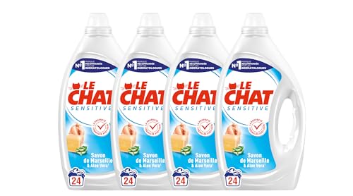 Le Chat Lessive Liquide, Sensitive Savon de Marseille et Aloe Vera, Lessive pour peaux sensibles, Parfum Hypoallergenique, Teste Dermatologiquement, 4x24...