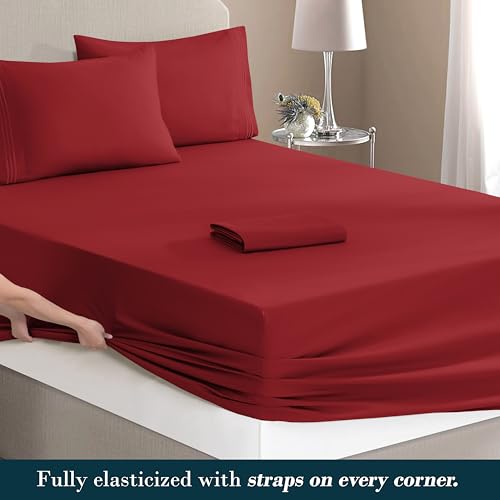Image of Mocassi Luxury 6-Piece Sheet Set, Ultra Soft 1800 Premium Hotel Quality Microfiber Sheet Set, Fits Mattresses Up to 18 to 24 Inches Extra Deep Pocket - Breathable and Secure Fit, Queen, Burgundy