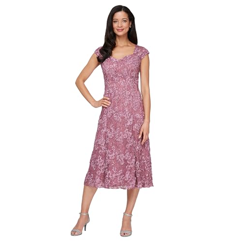 Image of Alex Evenings Women's Midi Stretch Lace & Sequin Formal Dress, Wedding Guest, Mother of The Bride (Petite and Regular Sizes)