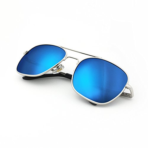 J+S Premium Military Style Classic Aviator Sunglasses, Polarized, 100% UV protection (Medium Square Frame - Silver Frame/Blue Mirror Square Lens) J+S Premium Military Style Classic Aviator Sunglasses, Polarized, 100% UV protection (Medium Square Frame - Silver Frame/Blue Mirror Square Lens)