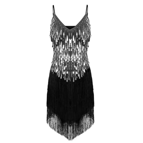 YEAHDOR Women's Sequin 1920s Fringed Flapper Latin Dress Glittery Tango Rumba Ballroom Dance Costumes Silver One Size