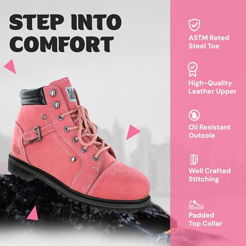 Image of Safety Girl Women's Work Boots | Water-Resistant Leather Work Boots | Oil & Slip-Resistant Soft Toe Boots for Women | Premium Nubuck Leather | Lightweight and Comfortable | Black Leather - 11.5W