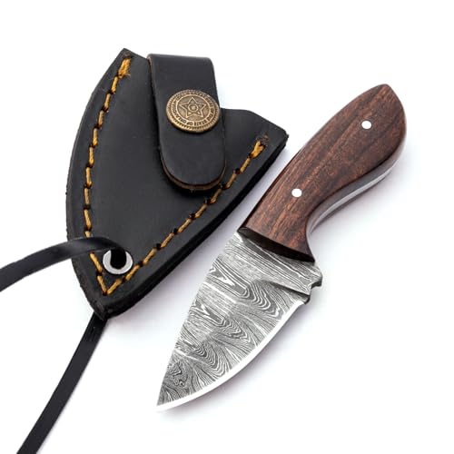 Rising Crafts RCN002 Rising Carft Damascus Neck Knife With Leather Sheath 4.5 Inches Damascus Steel Blade Survival Knife-Fixed Blade Knife cover