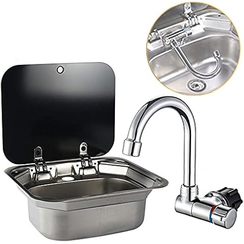 Einzelne Schüssel RV Hand Wash Rechteckige Becken Waschbecken mit Deckel für Fit für kompatibel mit RV Wohnwagen Camper Küche Edelstahl-Spüle 16.5"x 14.3 x 6.3" Cover