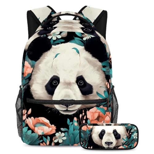 Sac à dos Panda mignon avec motif floral et sa trousse assortie pour l'école des ados