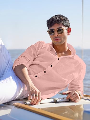 Image of Men's Linen Cotton Casual Shirt | Regular Fit Plain Shirt for Men | Long Sleeve Shirt for Casual & Formal Wear