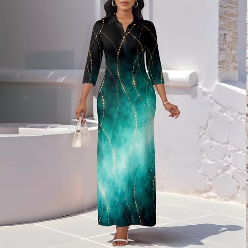 Image of PinkPatty Women's Casual 3 /4 Sleeve Polo V Neck Bodycon Maxi Dress | Semi formal, modest style, long fitted, versatile for church, work, business, office and daily wear