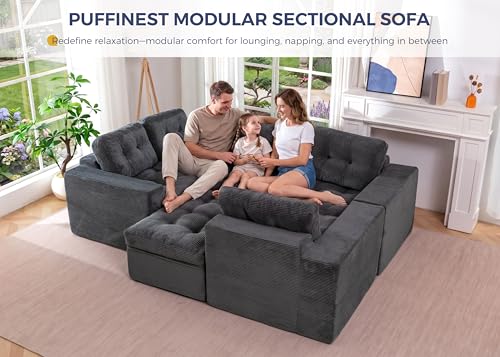 Image of MAXYOYO Modular Sectional Sofa with Ottoman and Loveseat, Cloud Boneless Couch with Layered Cushion, Flexible Module Combination Sofa for Living Room, No Assembly Required,Dark Grey