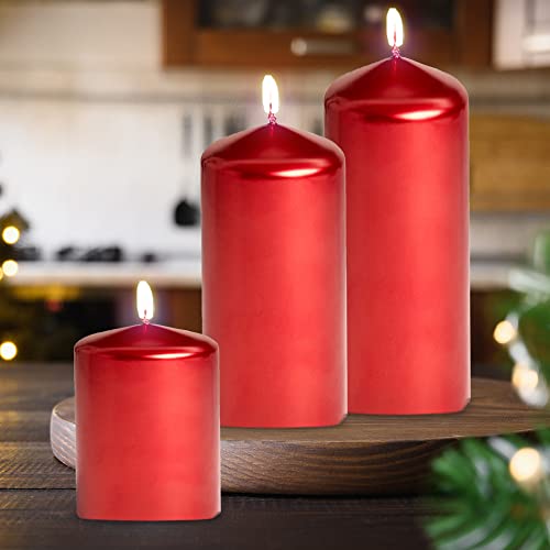 Metallic Cone Top Pillar Candles By Bask - Set Of 3 - 3" X 6" Dripless Unscented Holiday Candles In Metallic Red For Home Decor, Relaxation & All Occasions #TOP7