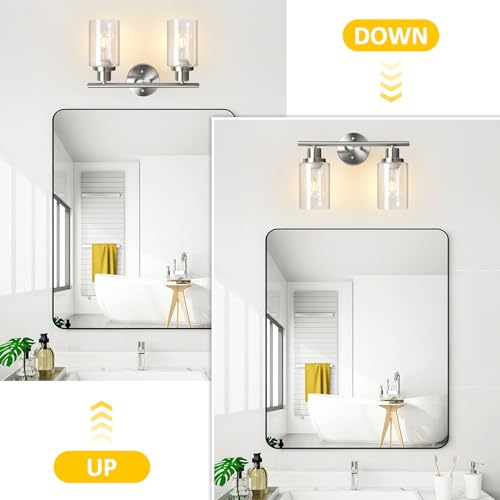 Image of Unicozin 2 Light Vanity Lights, Brushed Nickel Wall Sconce Light with Clear Glass, Bathroom Light Fixtures, Wall Lights for Mirror, Living Room, Bedroom, Hallway, E26 Base (Bulbs Not Included)