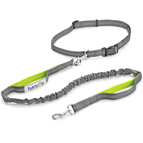 Tuff Mutt - Hands Free Dog Leash Running, Walking, Hiking, Durable Dual-Handle Bungee Leash, Reflective Stitching, 4-Foot Long, Adjustable Waist Belt (Fits up to 42" Waist)