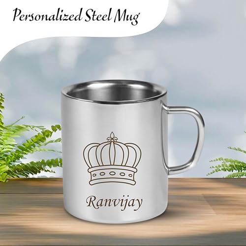 Image of SAVRI Personalized Stainless Steel Mug for Kids with Customized Name Engraved & Cartoon Design | 220 ml Double Wall Insulated Mug for School, Milk, Juice & Water (King Crown)