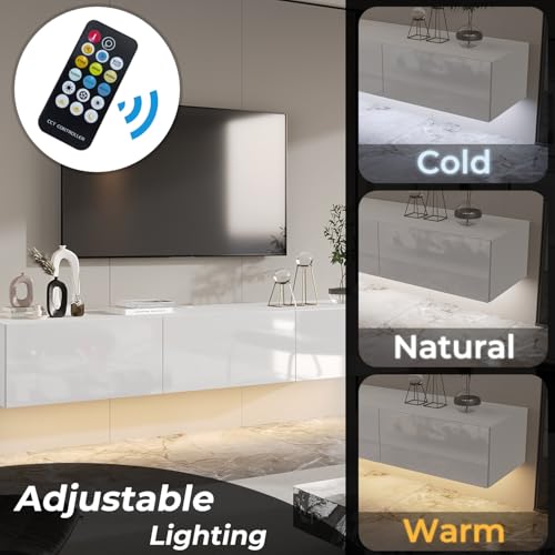 Floating LED TV Stand for TVs up to 70 Inch, Wall Mounted Entertainment Center with LED Lights, 63" Large Storage Media Console with 3 Drawers for Living Room, White - Image 4