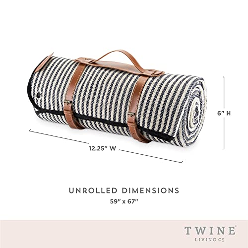 Twine Picnic Blanket - Waterproof Outdoor Blanket with Leather Carrying Straps and Picnic Stakes - Navy/White Striped 6pc Set of 1 - Thumbnail 3