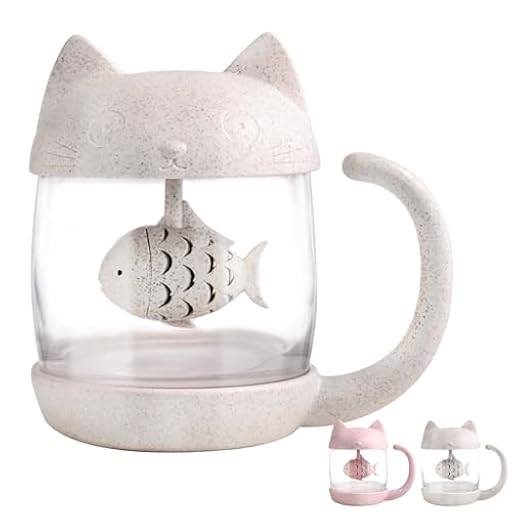 BigNoseDeer Linda taza de té de cristal de gato, Taza De Agua Bottle con infusor de té en forma de pez, Colador Filtrar Taza de café 250ML (8OZ) | Ya disponible en tu tienda friki favorita! En mundofriki.es!