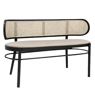 Farmhouse Wood Dining Bench with Rattan Backrest,Retro Wooden Entryway Bench,Long Narrow Indoor Bench for Dining Room,Living Room,Kitchen,Bedroom(55.1" W + Cushion, Black)