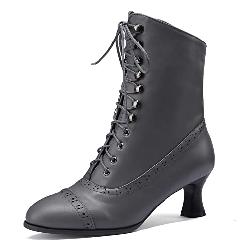 Image of Gicoiz Women Pointed Toe Retro Kitten Heels Winter Ankle Boots Elegant Lace Up Biker Military Comfy Chelsea Booties Zipper Grey Size 7.5-43