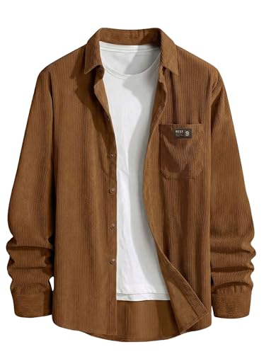 Image of IndoPrimo Men's Corduroy Shirt | Premium Ribbed Full Sleeve Casual Overshirt | Button-Down Solid Shirt with Chest Pocket | Regular Fit