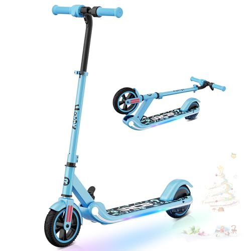 RCB Patinete Eléctrico para Niños 6-12 Años, 150W Motor - Máx.16 Km/h - Luz LED Arcoíris - Plegable - Pantalla LED - Velocidad y Altura Ajustables, Regalo para niños y Adolescentes (Azul)