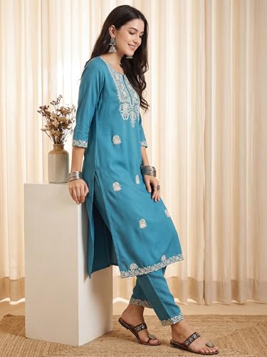 Image of INDO ERA Women's Viscose Rayon Floral Embroidered Straight Calf Length Kurta & Pant Set (IEAI11741)