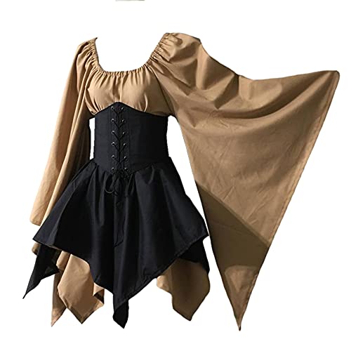 TMOYJPX Vestido Medieval Mujer Gotico Palacio Corsé Disfraz Halloween Mujer Bruja Gracioso Tallas Grandes, Disfraces Medievales Vestidos de Fiesta Elegantes (Caqui+Negro, S) Cover