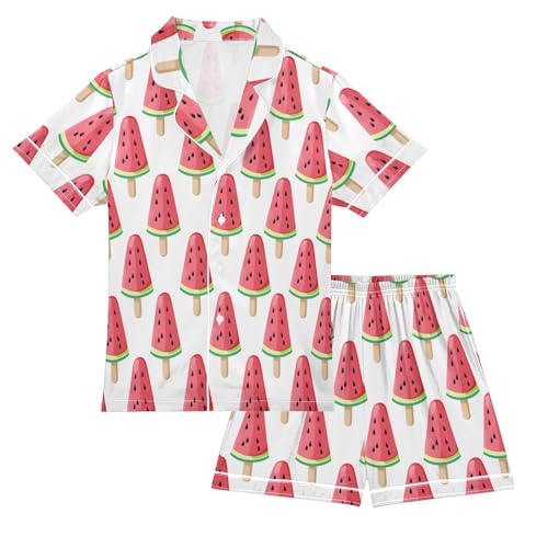 ALAZA Watermelon Ice Cream White Satin Pajamas Set Short Sleeve Button Down Sleepwear Summer Pjs 2 Piece