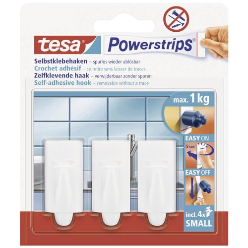 tesa Powerstrips Haken Small TREND - Selbstklebender Wandhaken für Glas, Kacheln, Holz, Kunststoff und andere Untergründe - Weiß