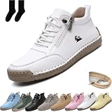 UPOI Handgefertigte orthopädische Bequeme Lederschuhe Montela Schuhe Damen Herren, Leder-Turnschuhe mit seitlichem Reißverschluss, Flache Outdoor-Schuhe, Freizeitschuhe zum Fahren und Gehen