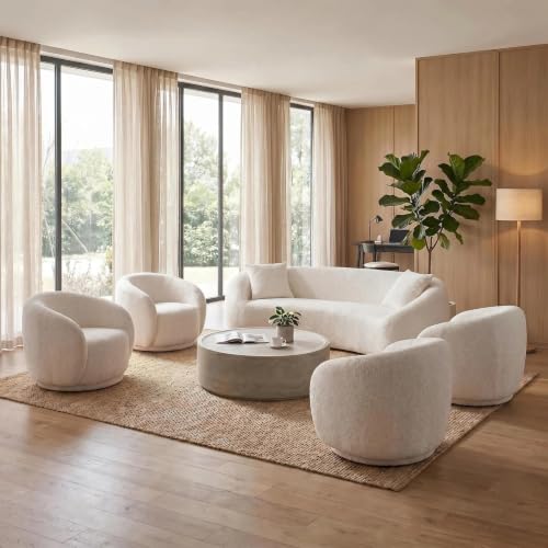 Image of 5 Piece Curved Sofa Set for Living Room, 93 inch Organic Modern Boucle Couch with 4 Swivel Barrel Chairs, Deep Seat Cloud Comfort Conversation Seating Furniture for Open Concept Spaces,Home Office