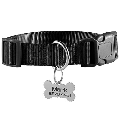 BKDZ Collar para Perro y Gato Personalizado y Doble Grabado de Acero Inoxidable con Etiqueta de identificación (M, Negro)