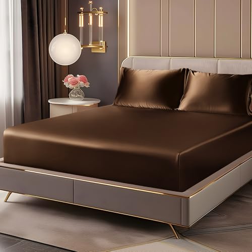 BEDELITE Satin Fitted Sheet and Pillowcases Set, Luxury Soft Similar to Silk Bottom Bedsheet with Elastic Corner Straps, Deep Pocket up to 15 Inch, 1 Fitted Sheet and 2 Pillowcases(King, Brown)