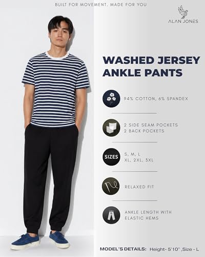 Image of Alan Jones Clothing Mens Washed Jersey Cotton Joggers Pants | Soft Stretch Cotton | Ankle Length with Elastic Hems