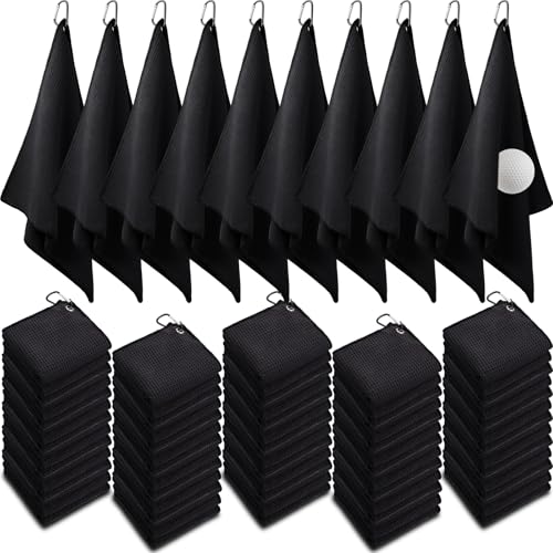 Batiyeer Golf Towels Bulk for Bags 16x16 Microfiber Waffle Pattern Golf Towel with Clip for Tournament Club Fitness(Black 50 Pcs)