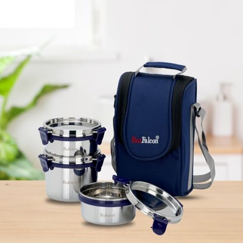 PDDFALCON Stainless Steel Eco Nxt Lunch Box with Insulated Bag Set of 3, Blue (1000ml), with BIS Certified, Jindal Seal & Made in India Lunch Box