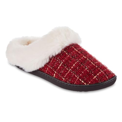 isotoner Women's Classic Comfort Hoodback Memory Foam Slippers, Slippers for Women with Durable Sole and Warmth Faux Fur Cuff - Chili Pepper Large