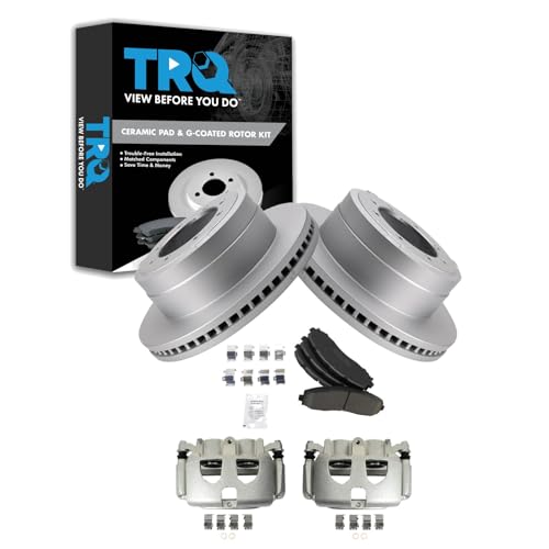 Image of TRQ Rear Brake Pad, Caliper, & Rotor Kit Ceramic Premium G-Coated Compatible with 2013-2019 Ford F-350 Super Duty 2013-2014 F-450 Super Duty
