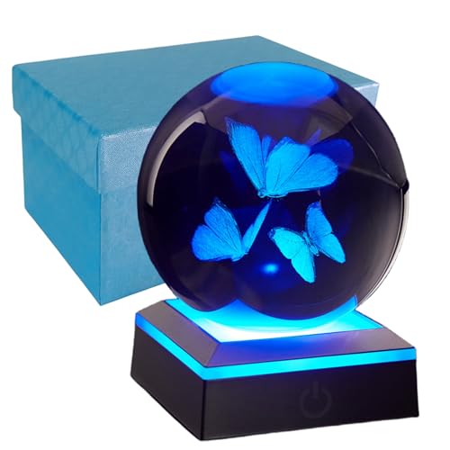 Conalisk 3D Butterfly Crystal Ball Night Light, 3.15 Inch Glass Ball Lamps with LED Base, Butterfly Lamp, Birthday Holiday Xmas Gifts for Boys Girls Friends
