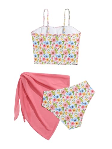 Image of WDIRARA Girl's 3 Pieces Floral Print Ruched Bikini Swimsuit Bathing Suits with Tie Side Beach Skirt